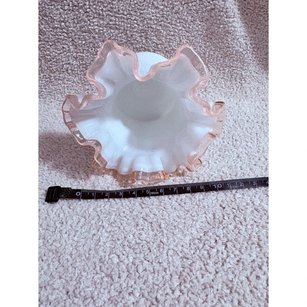 Vintage Milk Glass Rose Crest Top Hat Vase Pink Ruffled Rim Double Crimped White
